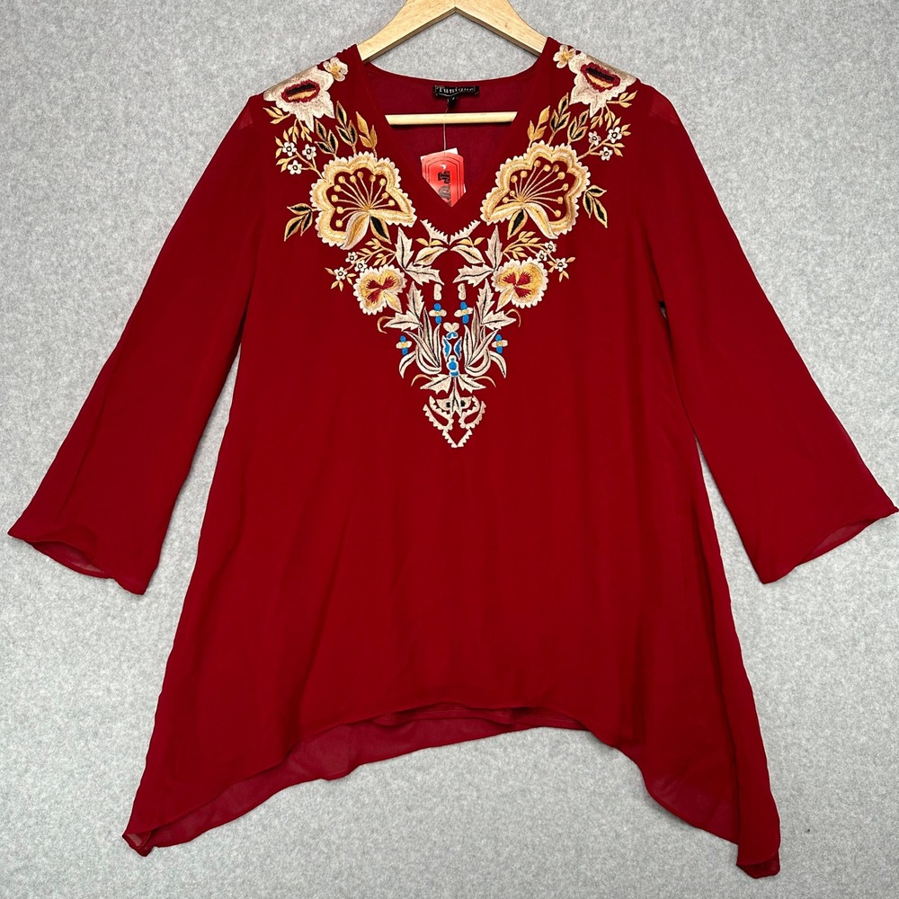 Tunique Women's Red Embroidered V Neck 3/4 Sleeve Tunic Top Boho‎ Size S NWT